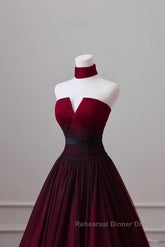 Sexy Ball Gown Strapless Long Burgundy Semi Formal Prom Dress Evening Dresses
